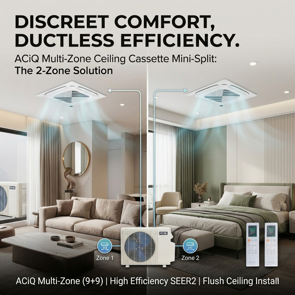 18,000 btu aciq standard 25.1 seer2 2 zone ceiling cassette mini split heat pump system